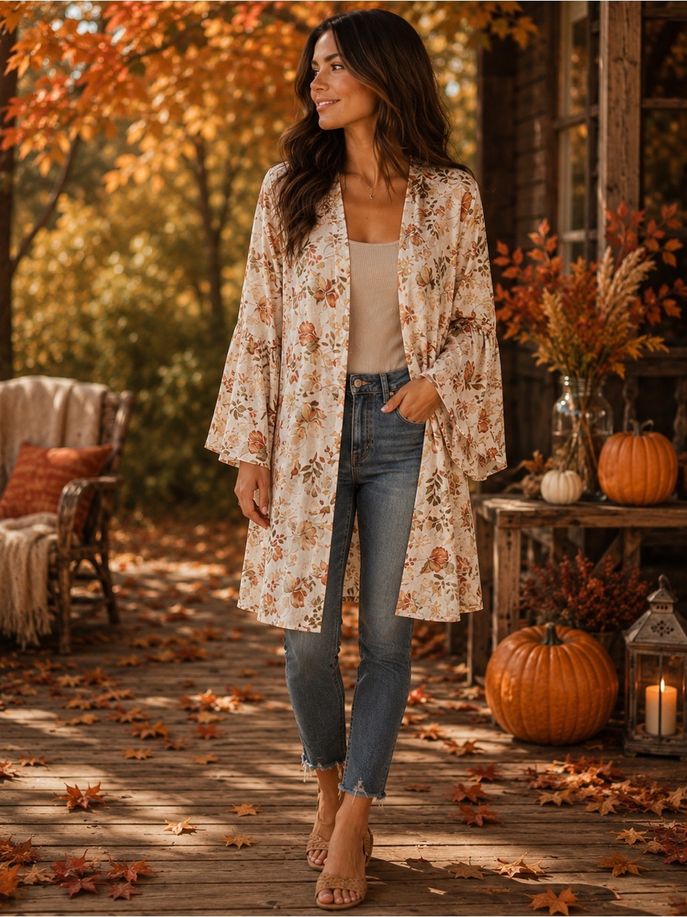 Umgee Floral Button Up Kimono with Rust & Tan Blooms